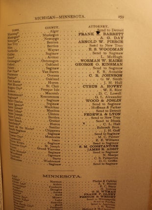 Boyer's Legal Directory of the United States and Canadas, Containing a carefully prepared digest of collection laws of each state and territory, Ontario and Quebec, together with name of at least one attorney in each county of the United States and Canada : also a list of prominent wholesale merchants and manufacturers of Philadelphia, New York, Baltimore, Chicago and St. Louis
