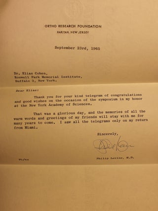 Item #002321 Thank You Letter from esteemed Hematologist Dr. Philip Levine. Dr. Philip Levine