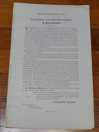 Item #6825 Annette Island Fishery Reserve Map Proclamation Alaska. Woodrow Wilson